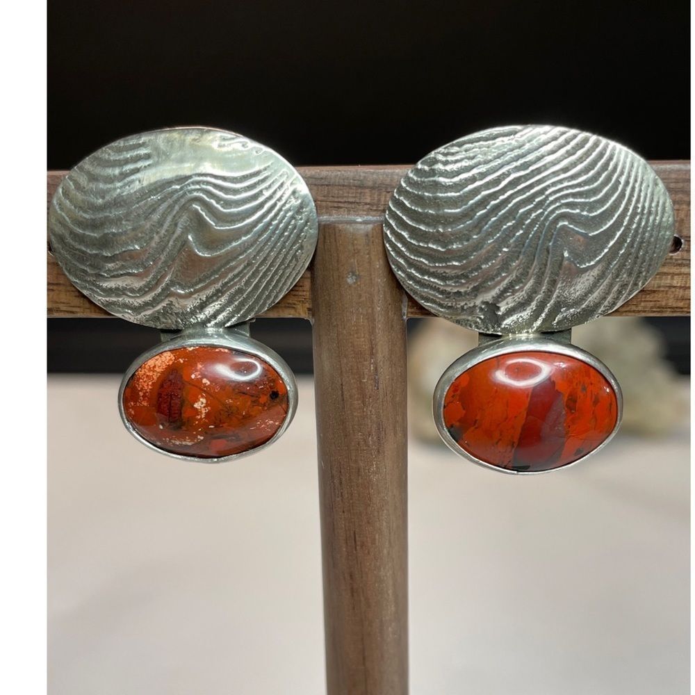 Vintage 925 Sterling Silver Brown Red Jasper Clip On Earrings